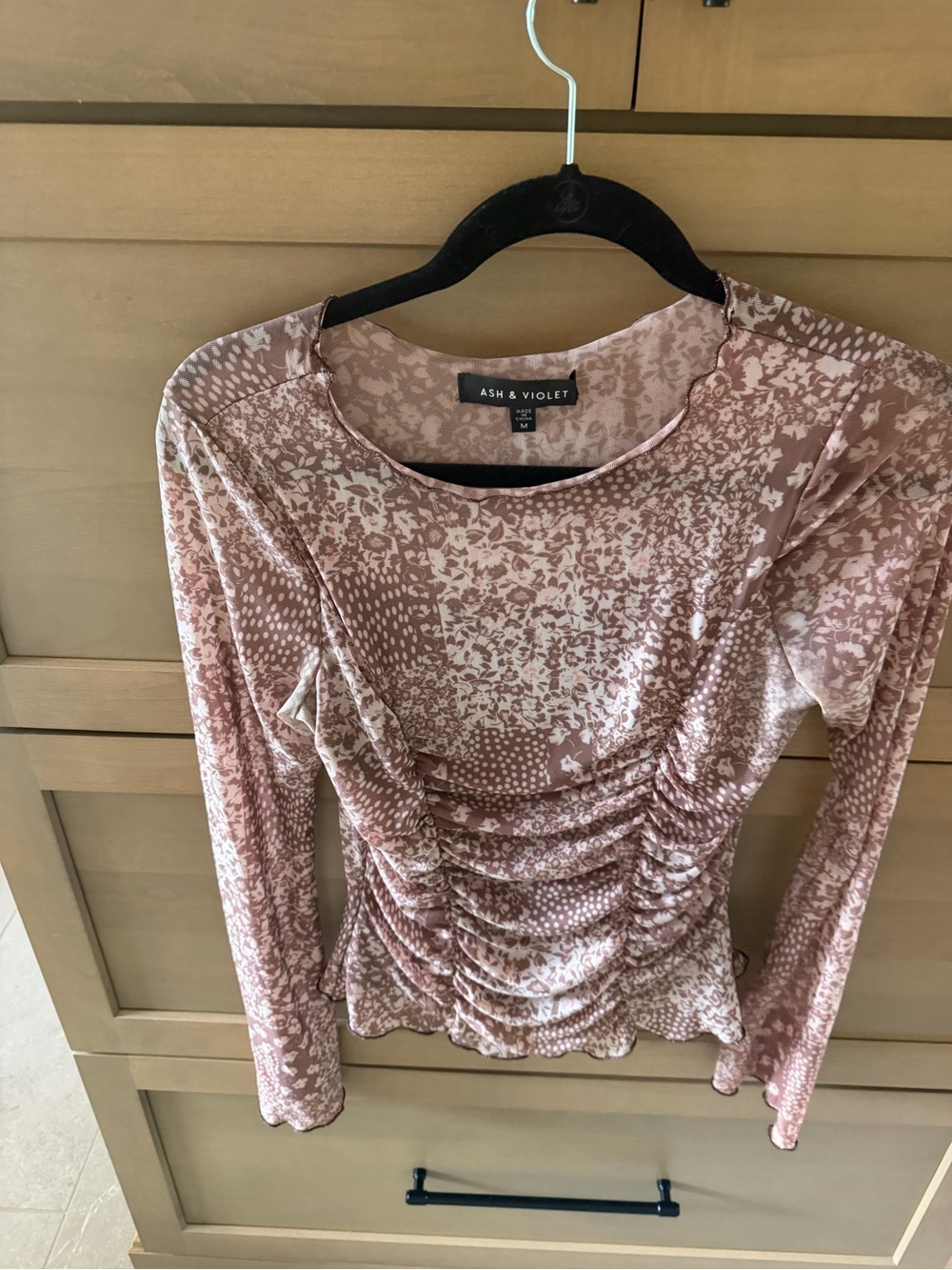 Ruched Long-Sleeve Top in Mauve Floral